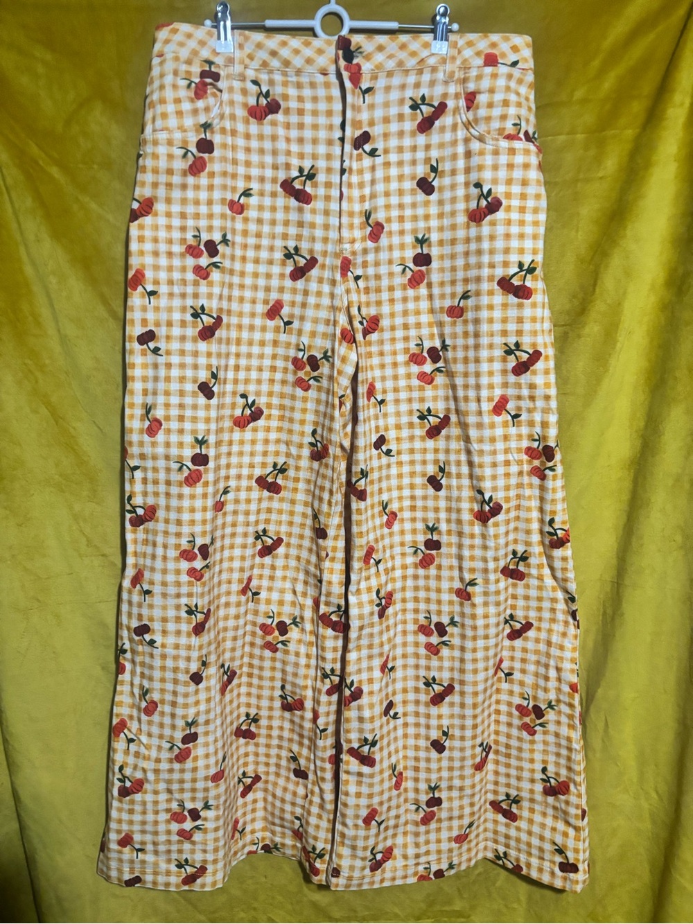 Farm Rio x Anthropologie Yellow Gingham Wide-Leg Pants with Cherry Print NWT XL - Picture 4 of 7